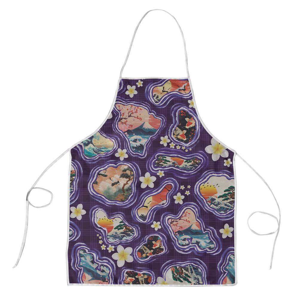 Hawaii Islands Map Design with Japanese Landscape Apron Hawaiian Japan Fusion Art Purple Color