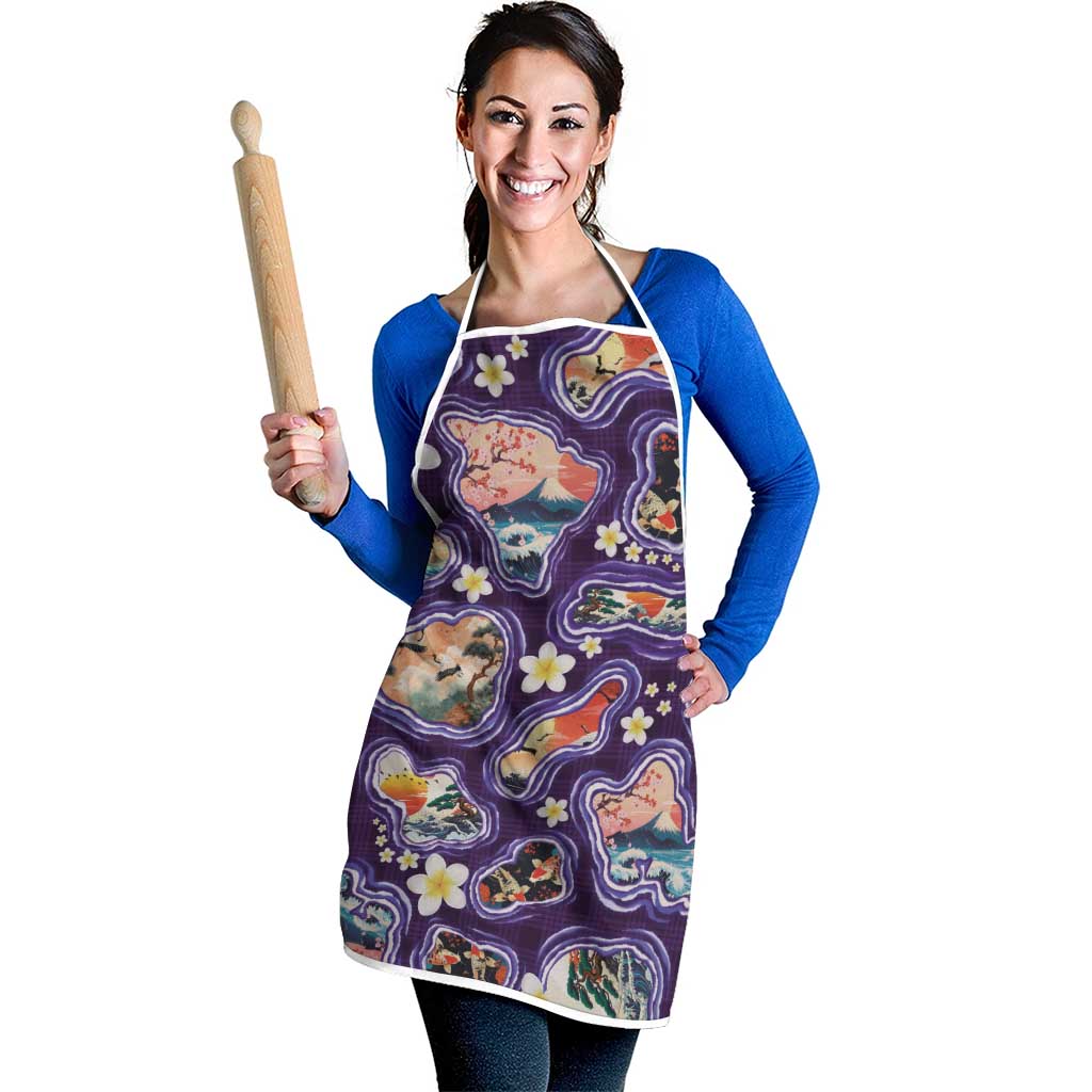Hawaii Islands Map Design with Japanese Landscape Apron Hawaiian Japan Fusion Art Purple Color