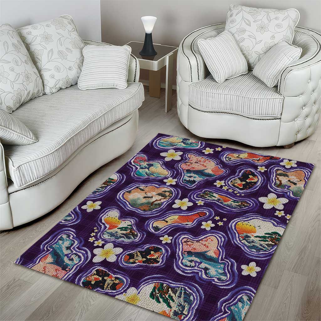 Hawaii Islands Map Design with Japanese Landscape Area Rug Hawaiian Japan Fusion Art Purple Color