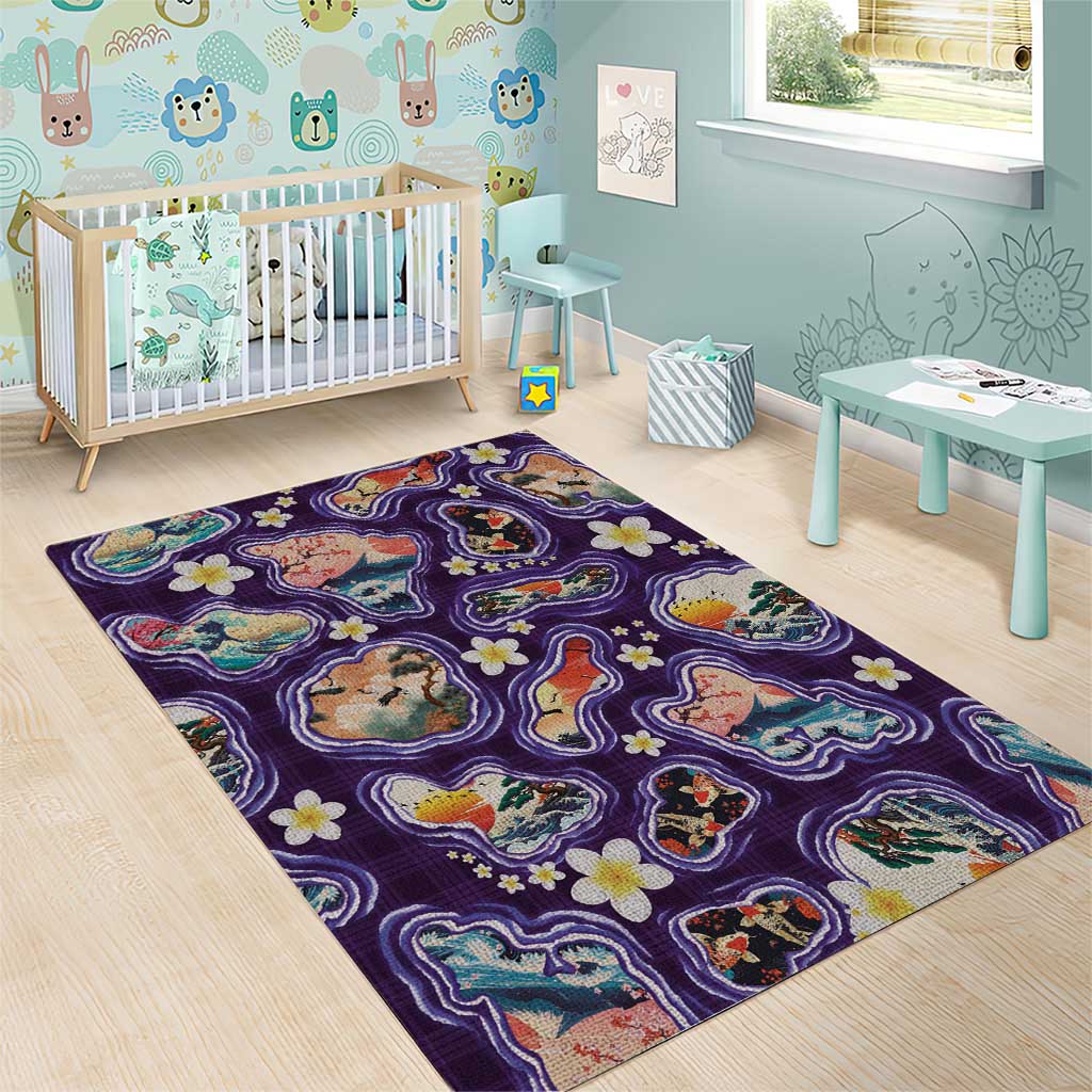 Hawaii Islands Map Design with Japanese Landscape Area Rug Hawaiian Japan Fusion Art Purple Color