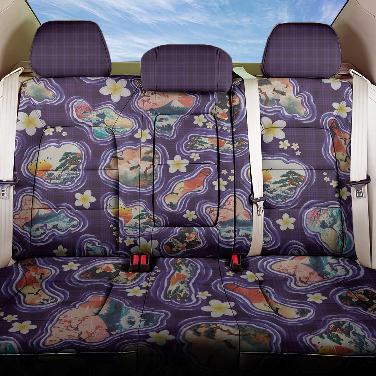 Hawaii Islands Map Design with Japanese Landscape Back Car Seat Cover Hawaiian Japan Fusion Art Purple Color LT03 One Size Purple - Polynesian Pride