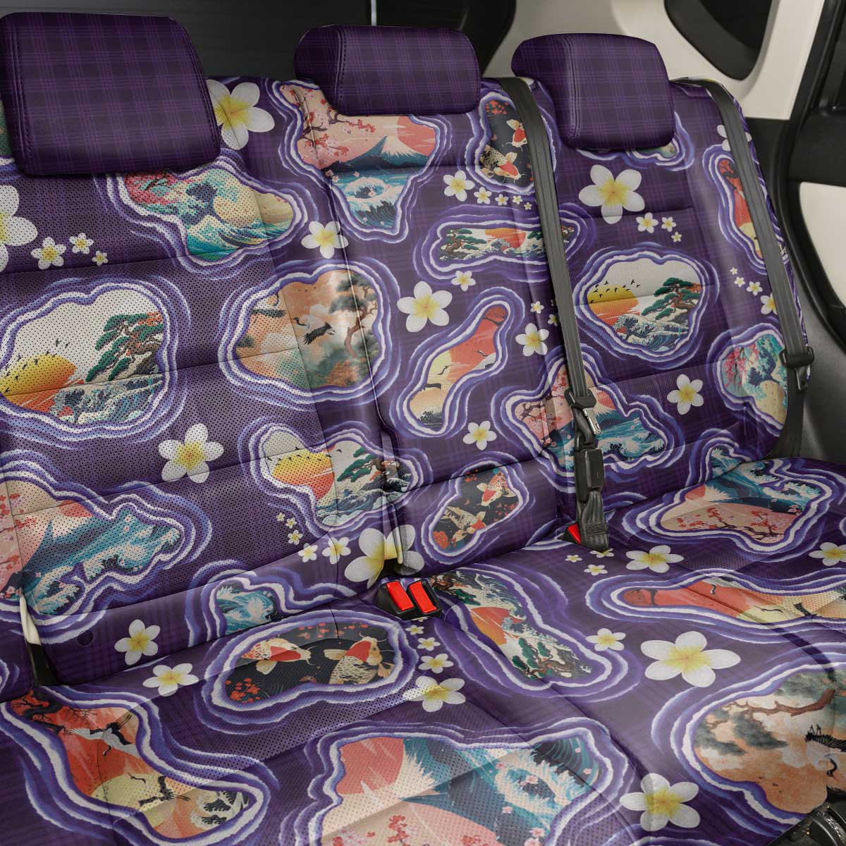 Hawaii Islands Map Design with Japanese Landscape Back Car Seat Cover Hawaiian Japan Fusion Art Purple Color LT03 - Polynesian Pride