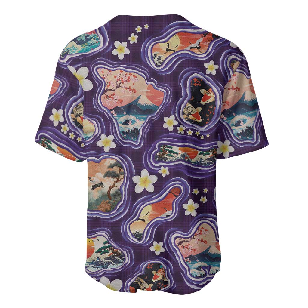 Hawaii Islands Map Design with Japanese Landscape Baseball Jersey Hawaiian Japan Fusion Art Purple Color