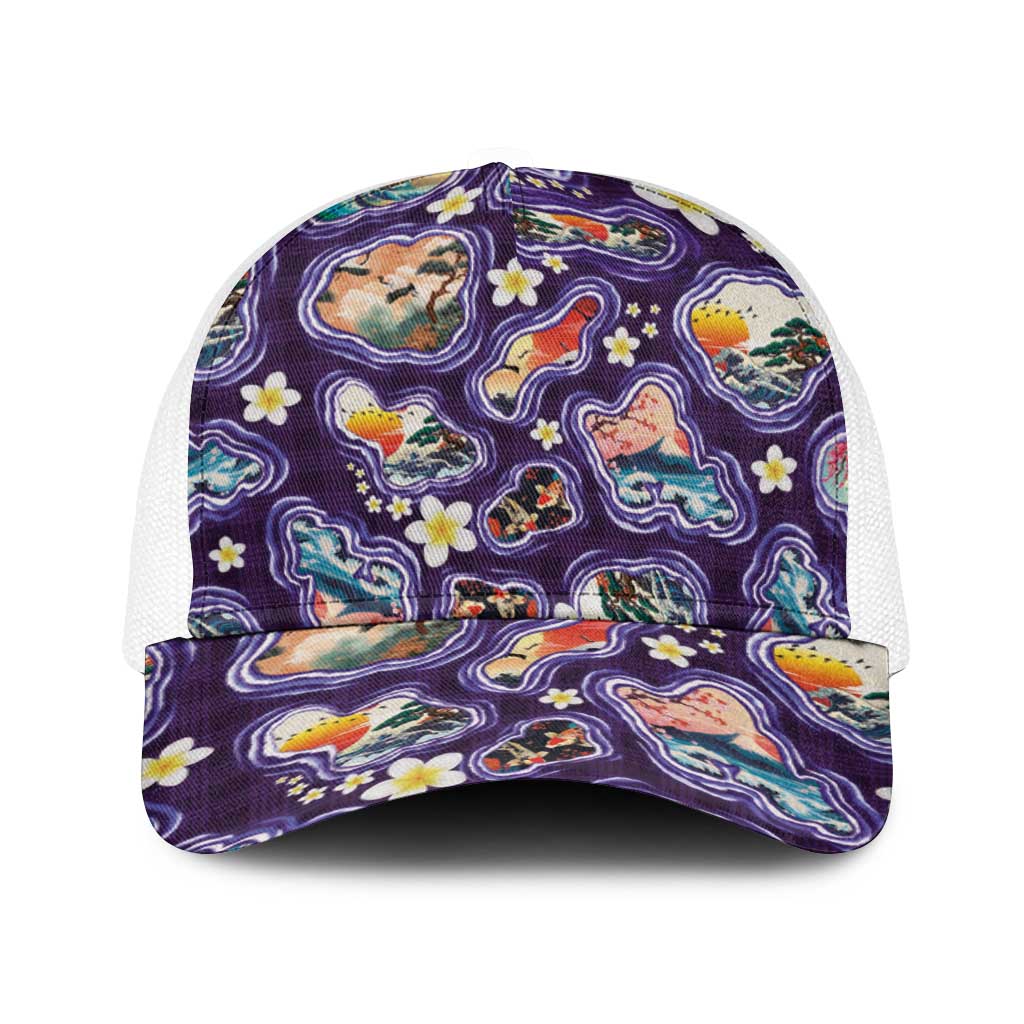 Hawaii Islands Map Design with Japanese Landscape Baseball Net Cap Hawaiian Japan Fusion Art Purple Color