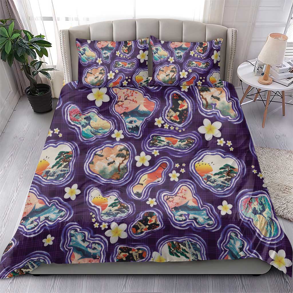Hawaii Islands Map Design with Japanese Landscape Bedding Set Hawaiian Japan Fusion Art Purple Color