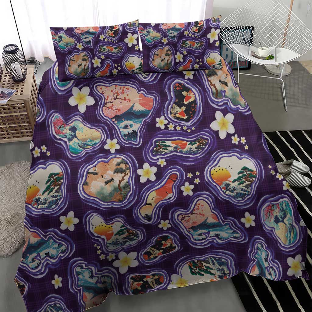Hawaii Islands Map Design with Japanese Landscape Bedding Set Hawaiian Japan Fusion Art Purple Color
