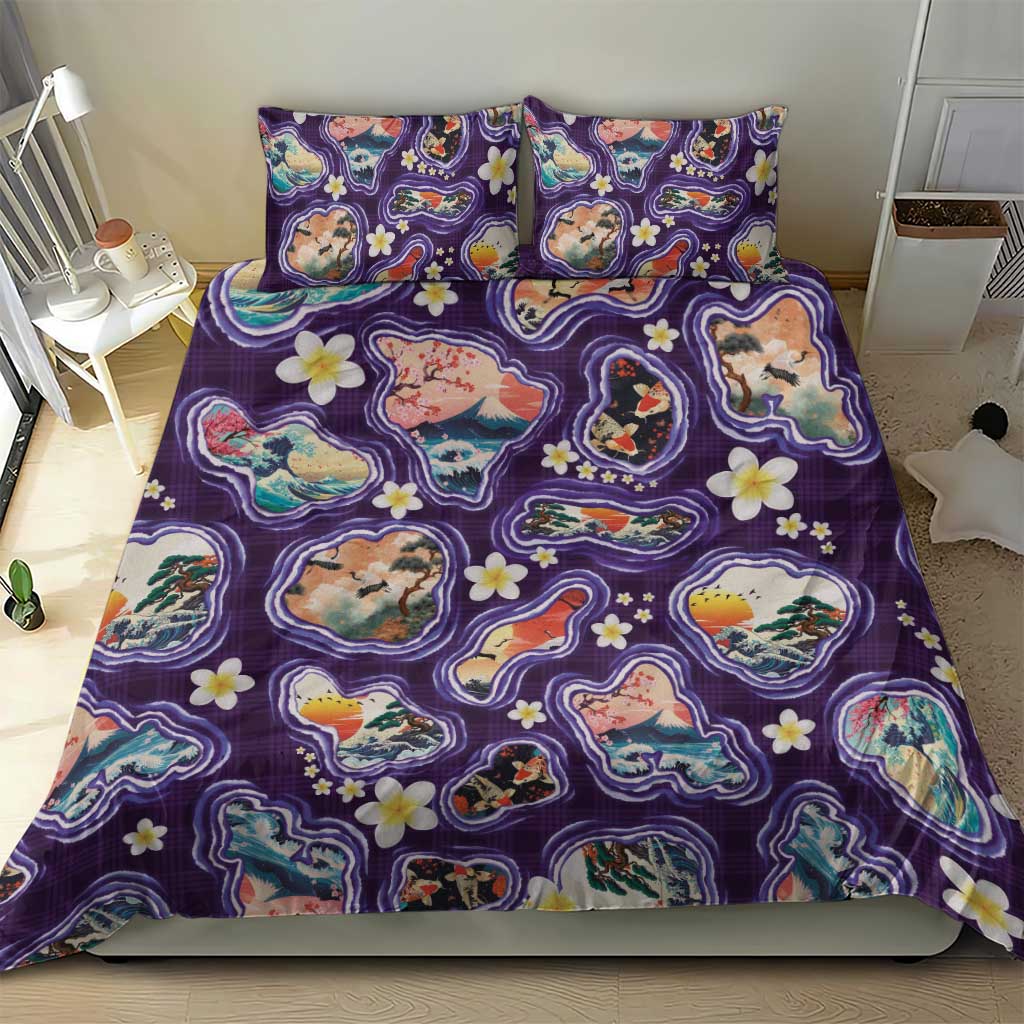 Hawaii Islands Map Design with Japanese Landscape Bedding Set Hawaiian Japan Fusion Art Purple Color