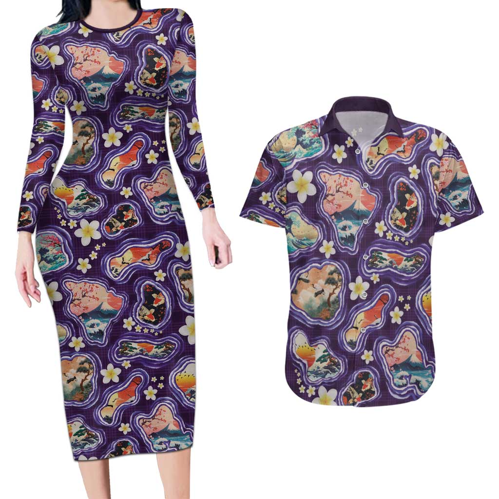 Hawaii Islands Map Design with Japanese Landscape Couples Matching Long Sleeve Bodycon Dress and Hawaiian Shirt Hawaiian Japan Fusion Art Purple Color LT03 Purple - Polynesian Pride