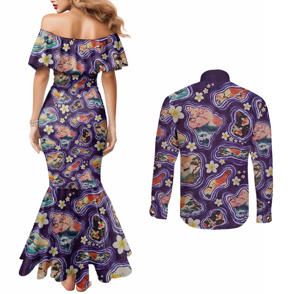Hawaii Islands Map Design with Japanese Landscape Couples Matching Mermaid Dress and Long Sleeve Button Shirt Hawaiian Japan Fusion Art Purple Color LT03 - Polynesian Pride