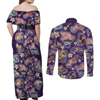 Hawaii Islands Map Design with Japanese Landscape Couples Matching Off Shoulder Maxi Dress and Long Sleeve Button Shirt Hawaiian Japan Fusion Art Purple Color LT03 - Polynesian Pride