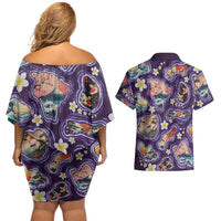 Hawaii Islands Map Design with Japanese Landscape Couples Matching Off Shoulder Short Dress and Hawaiian Shirt Hawaiian Japan Fusion Art Purple Color LT03 - Polynesian Pride