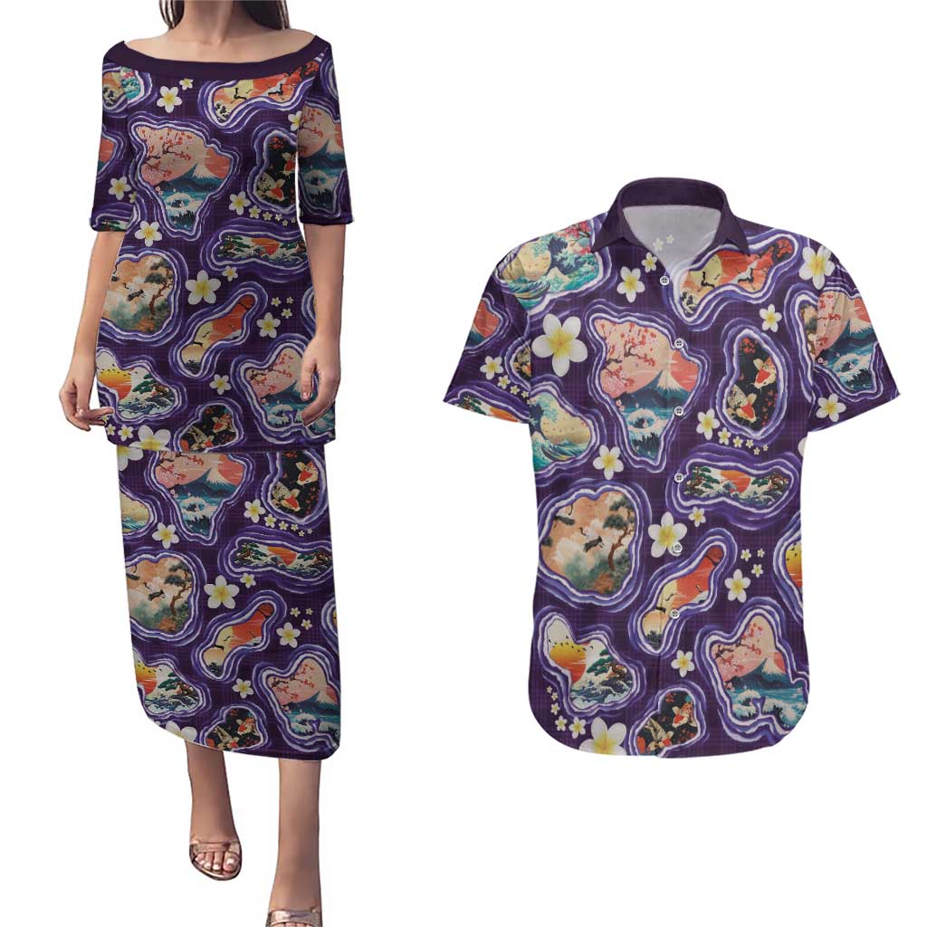 Hawaii Islands Map Design with Japanese Landscape Couples Matching Puletasi and Hawaiian Shirt Hawaiian Japan Fusion Art Purple Color LT03 Purple - Polynesian Pride