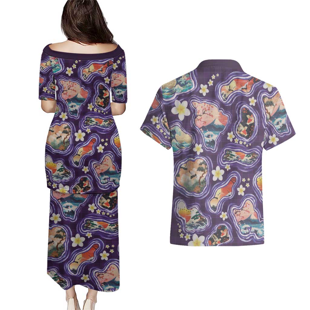Hawaii Islands Map Design with Japanese Landscape Couples Matching Puletasi and Hawaiian Shirt Hawaiian Japan Fusion Art Purple Color LT03 - Polynesian Pride