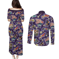 Hawaii Islands Map Design with Japanese Landscape Couples Matching Puletasi and Long Sleeve Button Shirt Hawaiian Japan Fusion Art Purple Color LT03 - Polynesian Pride