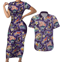 Hawaii Islands Map Design with Japanese Landscape Couples Matching Short Sleeve Bodycon Dress and Hawaiian Shirt Hawaiian Japan Fusion Art Purple Color LT03 Purple - Polynesian Pride