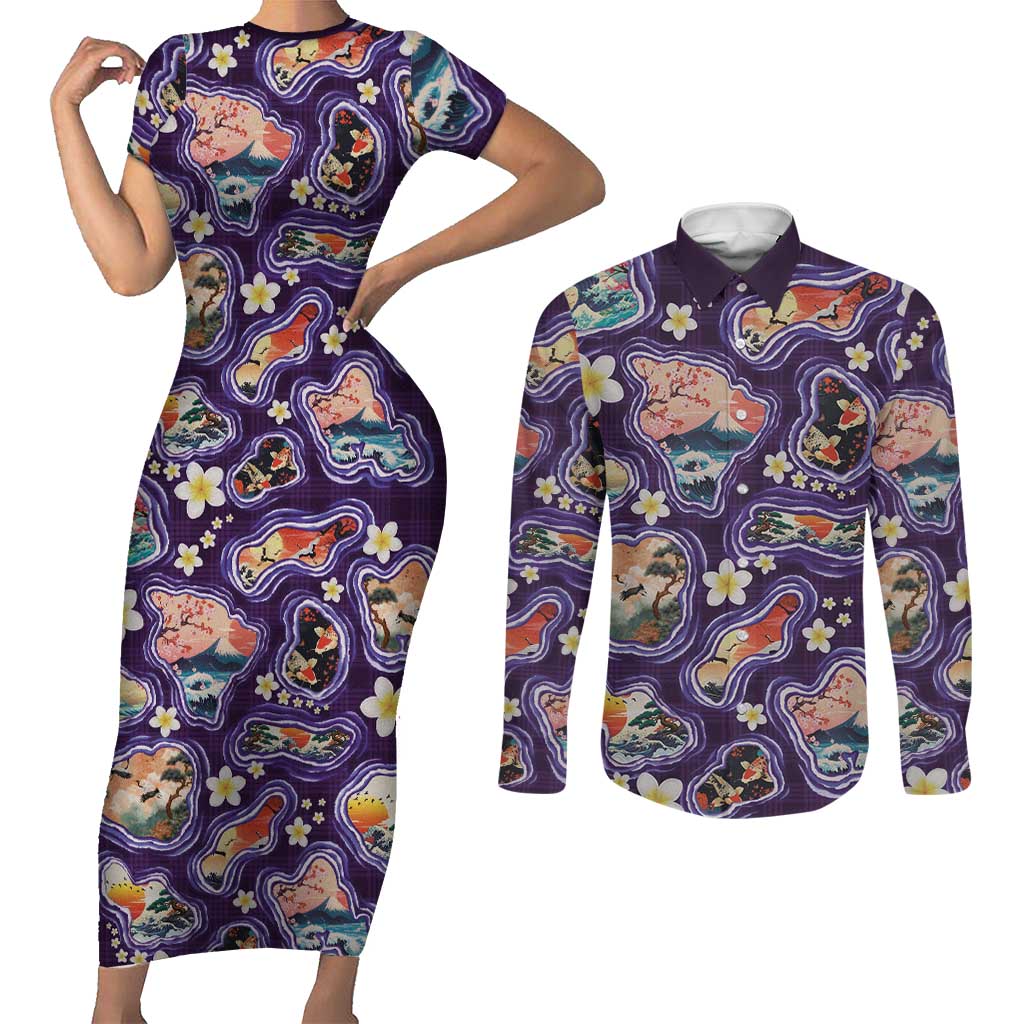 Hawaii Islands Map Design with Japanese Landscape Couples Matching Short Sleeve Bodycon Dress and Long Sleeve Button Shirt Hawaiian Japan Fusion Art Purple Color LT03 Purple - Polynesian Pride