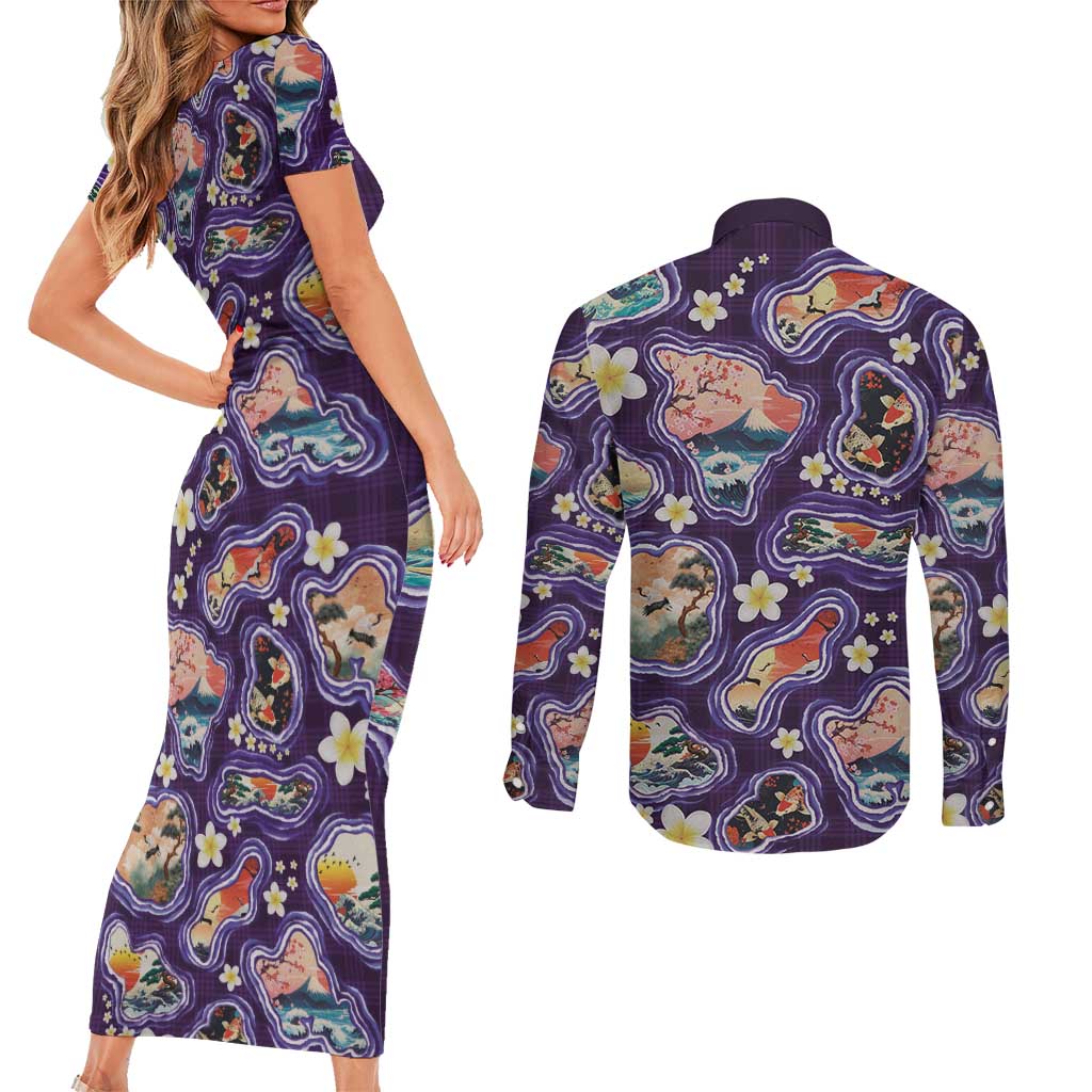 Hawaii Islands Map Design with Japanese Landscape Couples Matching Short Sleeve Bodycon Dress and Long Sleeve Button Shirt Hawaiian Japan Fusion Art Purple Color LT03 - Polynesian Pride