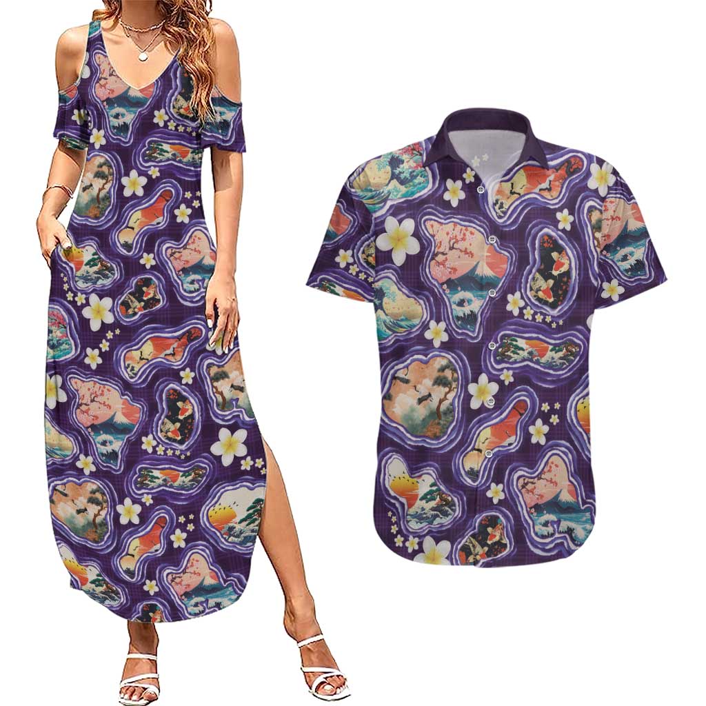 Hawaii Islands Map Design with Japanese Landscape Couples Matching Summer Maxi Dress and Hawaiian Shirt Hawaiian Japan Fusion Art Purple Color