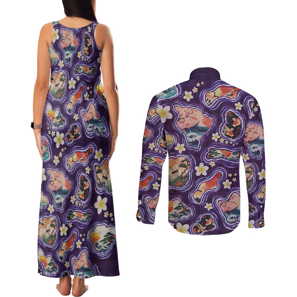 Hawaii Islands Map Design with Japanese Landscape Couples Matching Tank Maxi Dress and Long Sleeve Button Shirt Hawaiian Japan Fusion Art Purple Color LT03 - Polynesian Pride