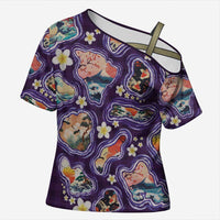 Hawaii Islands Map Design with Japanese Landscape Cross Shoulder Shirt Hawaiian Japan Fusion Art Purple Color LT03 Female Purple - Polynesian Pride