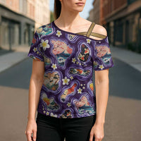 Hawaii Islands Map Design with Japanese Landscape Cross Shoulder Shirt Hawaiian Japan Fusion Art Purple Color LT03 - Polynesian Pride