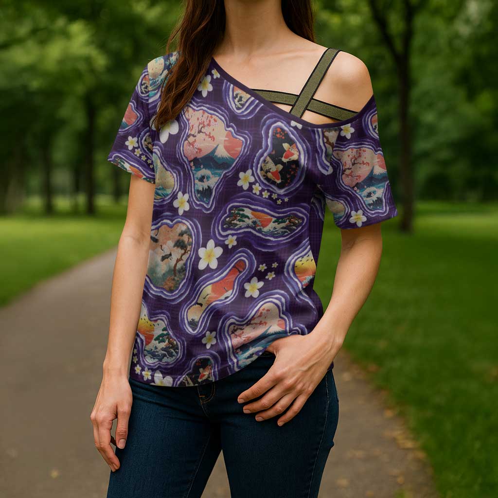 Hawaii Islands Map Design with Japanese Landscape Cross Shoulder Shirt Hawaiian Japan Fusion Art Purple Color LT03 - Polynesian Pride
