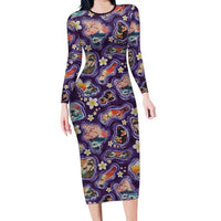 Hawaii Islands Map Design with Japanese Landscape Family Matching Long Sleeve Bodycon Dress and Hawaiian Shirt Hawaiian Japan Fusion Art Purple Color LT03 Mom's Dress Purple - Polynesian Pride