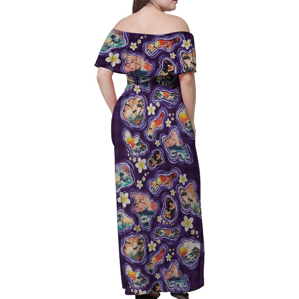 Hawaii Islands Map Design with Japanese Landscape Family Matching Off Shoulder Maxi Dress and Hawaiian Shirt Hawaiian Japan Fusion Art Purple Color LT03 - Polynesian Pride