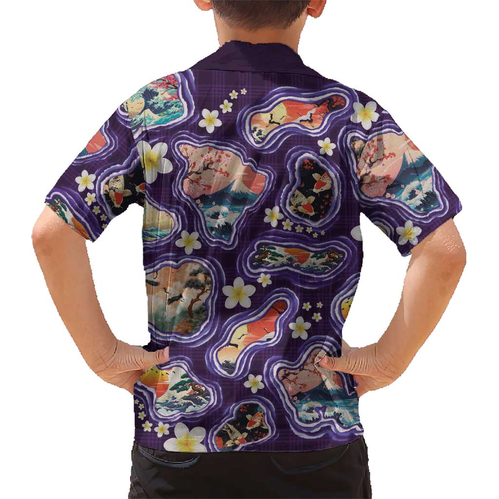 Hawaii Islands Map Design with Japanese Landscape Family Matching Off Shoulder Short Dress and Hawaiian Shirt Hawaiian Japan Fusion Art Purple Color LT03 - Polynesian Pride