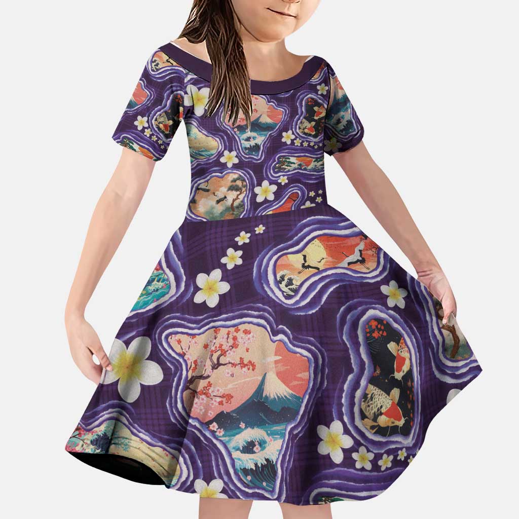 Hawaii Islands Map Design with Japanese Landscape Family Matching Off Shoulder Short Dress and Hawaiian Shirt Hawaiian Japan Fusion Art Purple Color LT03 Daughter's Dress Purple - Polynesian Pride
