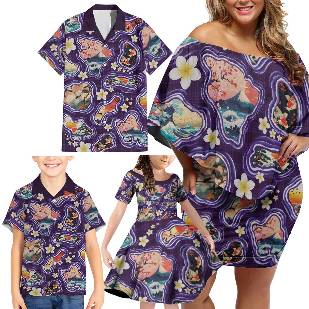 Hawaii Islands Map Design with Japanese Landscape Family Matching Off Shoulder Short Dress and Hawaiian Shirt Hawaiian Japan Fusion Art Purple Color LT03 - Polynesian Pride