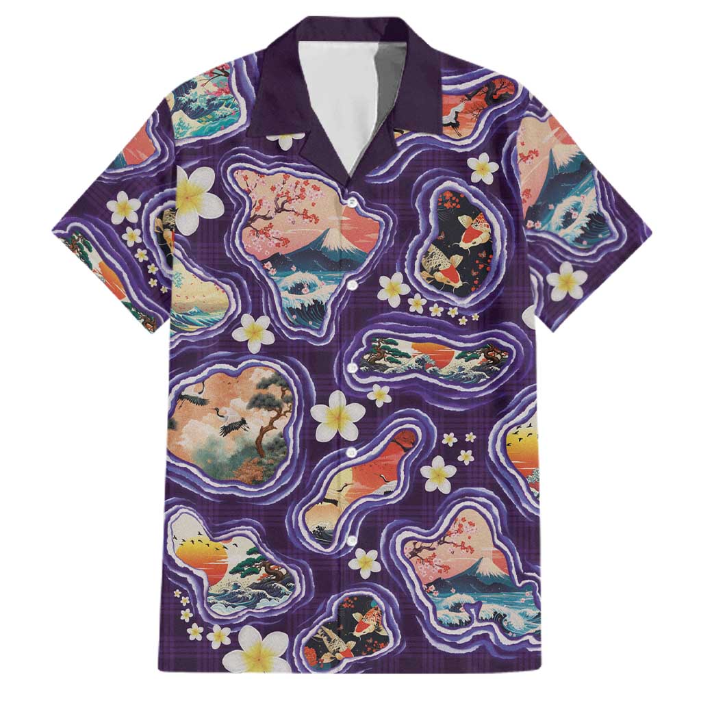 Hawaii Islands Map Design with Japanese Landscape Family Matching Off Shoulder Short Dress and Hawaiian Shirt Hawaiian Japan Fusion Art Purple Color LT03 Dad's Shirt - Short Sleeve Purple - Polynesian Pride
