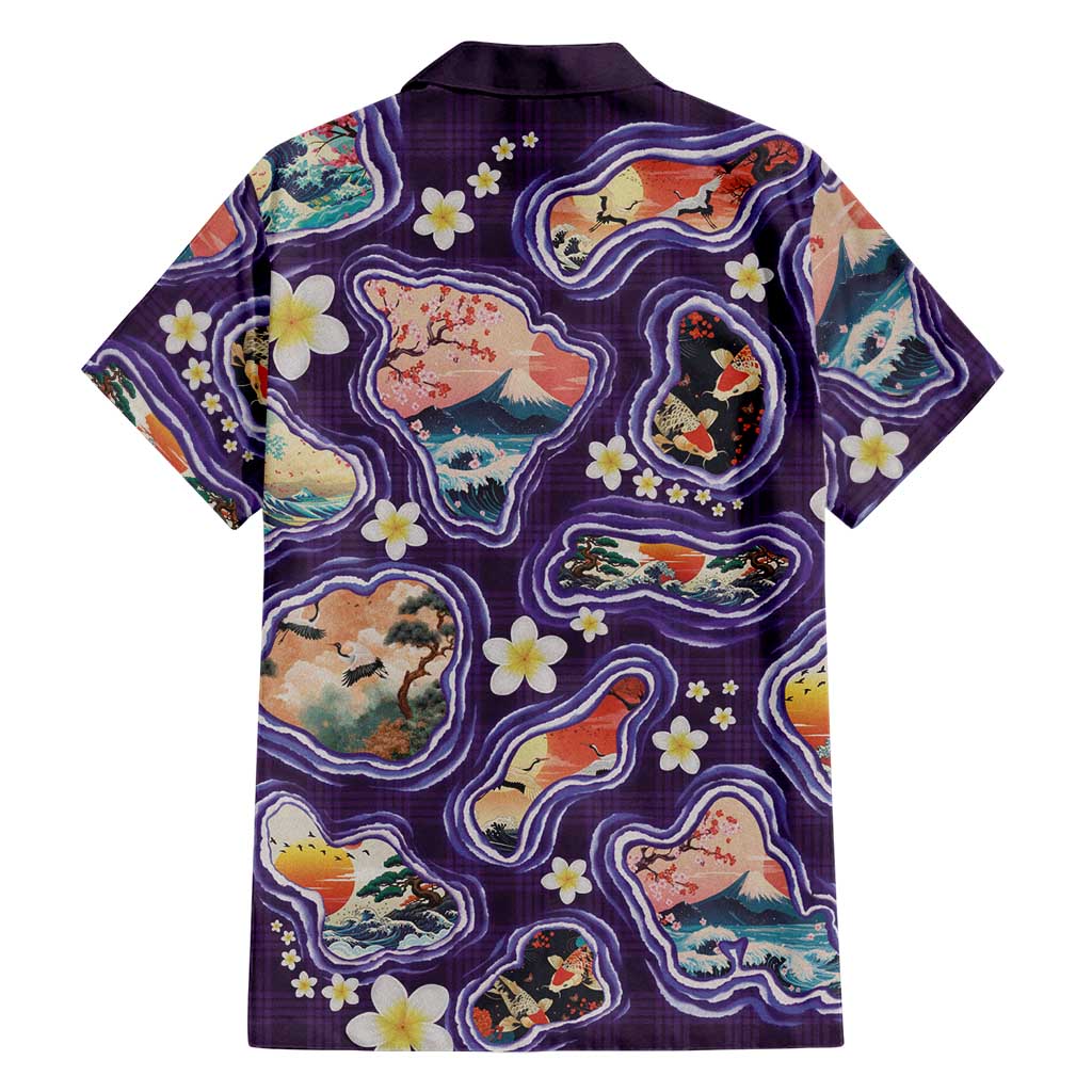Hawaii Islands Map Design with Japanese Landscape Family Matching Off Shoulder Short Dress and Hawaiian Shirt Hawaiian Japan Fusion Art Purple Color LT03 - Polynesian Pride