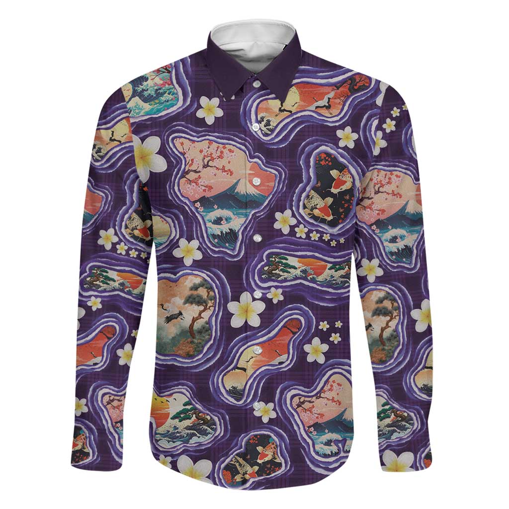 Hawaii Islands Map Design with Japanese Landscape Family Matching Off Shoulder Short Dress and Hawaiian Shirt Hawaiian Japan Fusion Art Purple Color LT03 Dad's Shirt - Long Sleeve Purple - Polynesian Pride