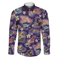 Hawaii Islands Map Design with Japanese Landscape Family Matching Off Shoulder Short Dress and Hawaiian Shirt Hawaiian Japan Fusion Art Purple Color LT03 Dad's Shirt - Long Sleeve Purple - Polynesian Pride