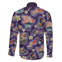 Hawaii Islands Map Design with Japanese Landscape Family Matching Off Shoulder Short Dress and Hawaiian Shirt Hawaiian Japan Fusion Art Purple Color LT03 - Polynesian Pride