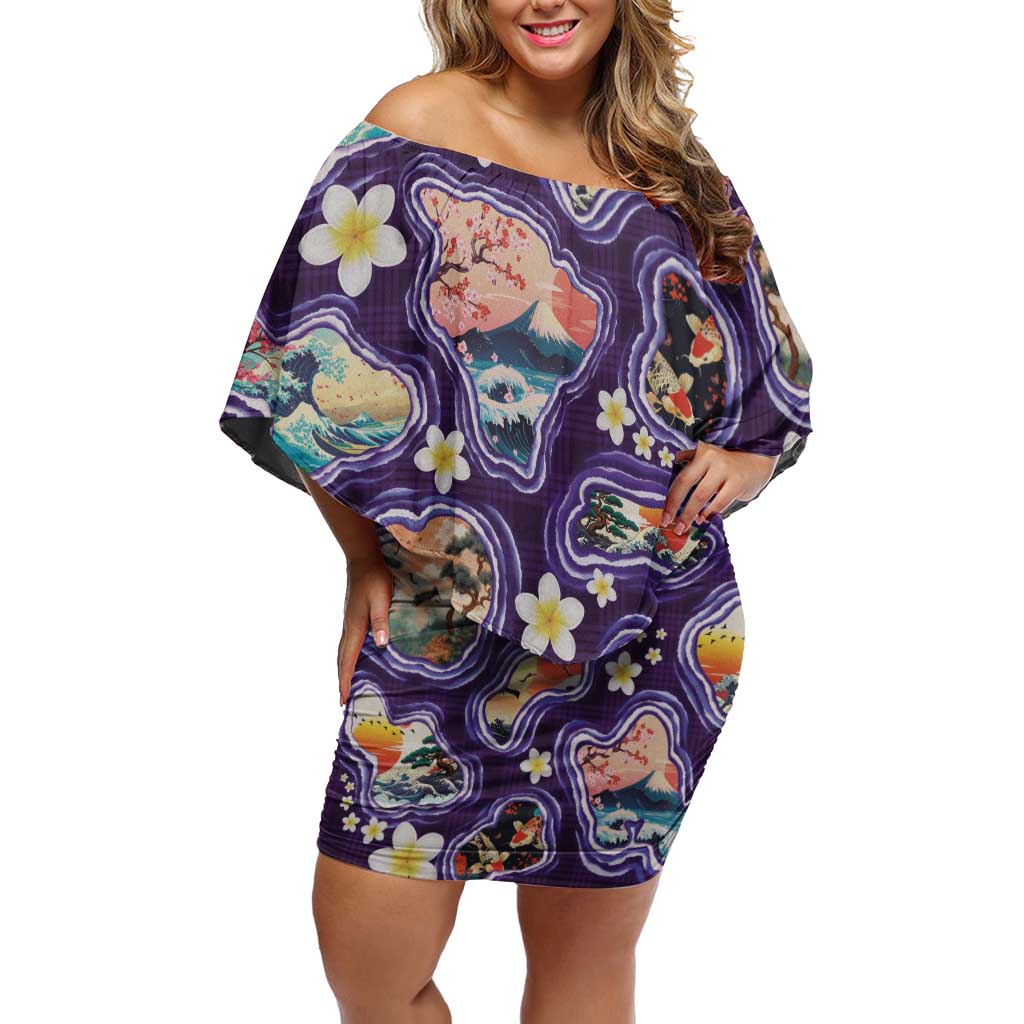 Hawaii Islands Map Design with Japanese Landscape Family Matching Off Shoulder Short Dress and Hawaiian Shirt Hawaiian Japan Fusion Art Purple Color LT03 Mom's Dress Purple - Polynesian Pride