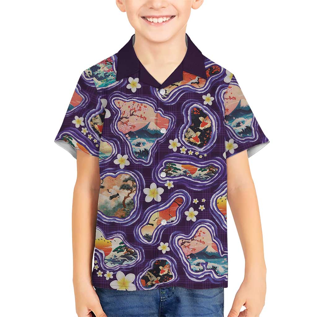 Hawaii Islands Map Design with Japanese Landscape Family Matching Off Shoulder Short Dress and Hawaiian Shirt Hawaiian Japan Fusion Art Purple Color LT03 Son's Shirt Purple - Polynesian Pride
