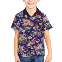 Hawaii Islands Map Design with Japanese Landscape Family Matching Off Shoulder Short Dress and Hawaiian Shirt Hawaiian Japan Fusion Art Purple Color LT03 Son's Shirt Purple - Polynesian Pride