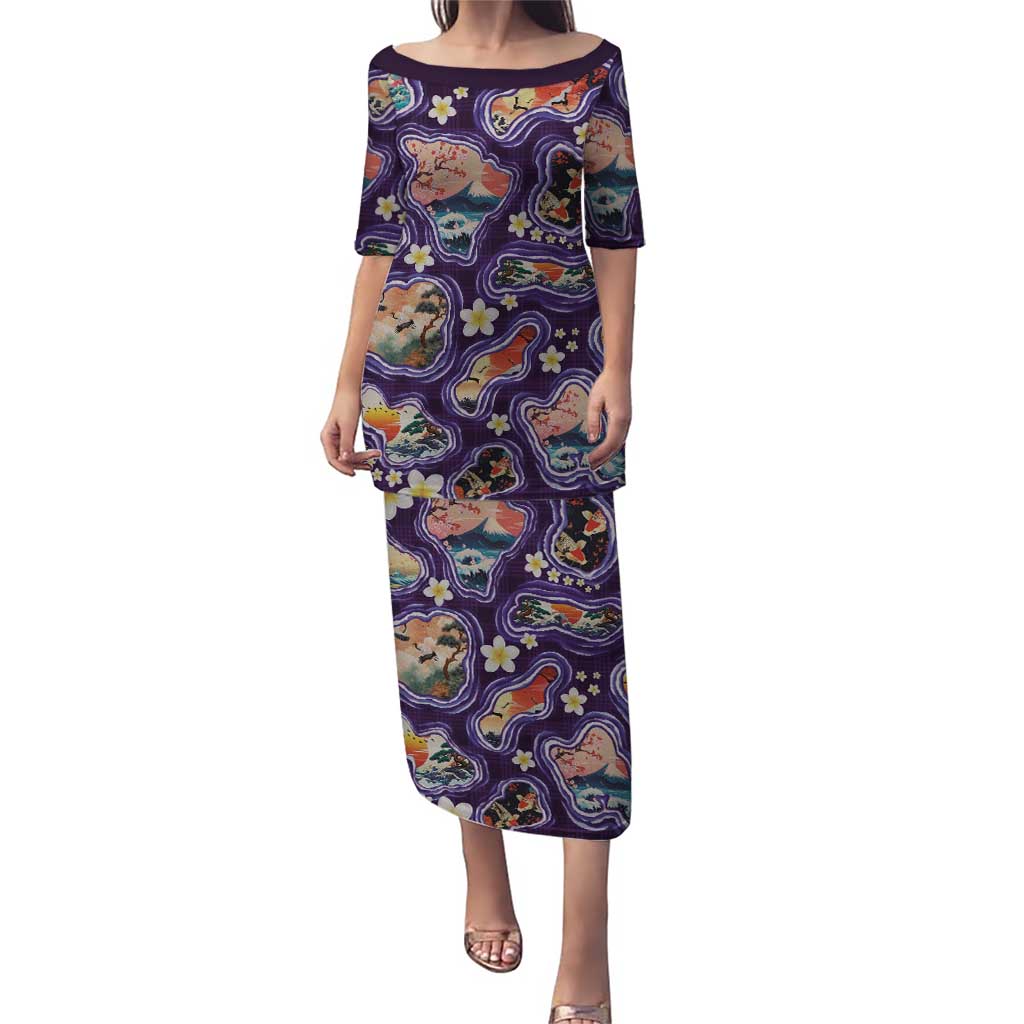 Hawaii Islands Map Design with Japanese Landscape Family Matching Puletasi and Hawaiian Shirt Hawaiian Japan Fusion Art Purple Color LT03 Mom's Dress Purple - Polynesian Pride