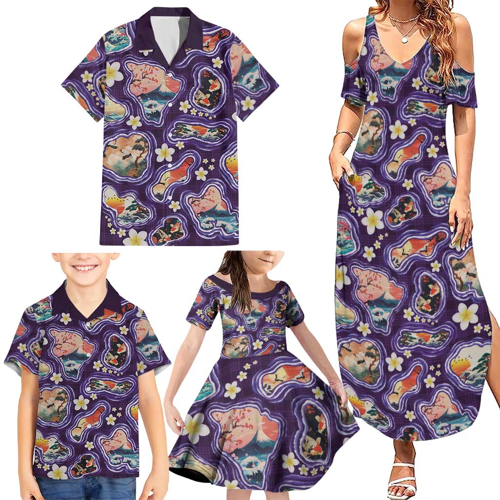 Hawaii Islands Map Design with Japanese Landscape Family Matching Summer Maxi Dress and Hawaiian Shirt Hawaiian Japan Fusion Art Purple Color LT03 - Polynesian Pride