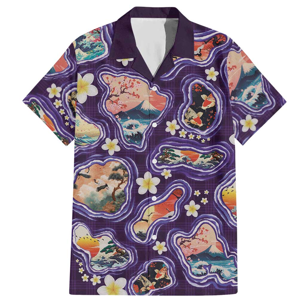 Hawaii Islands Map Design with Japanese Landscape Hawaiian Shirt Hawaiian Japan Fusion Art Purple Color