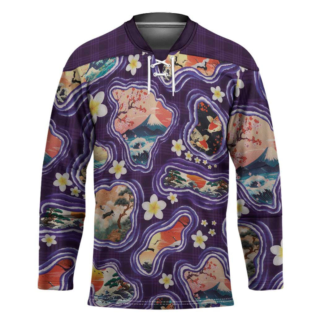 Hawaii Islands Map Design with Japanese Landscape Hockey Jersey Hawaiian Japan Fusion Art Purple Color