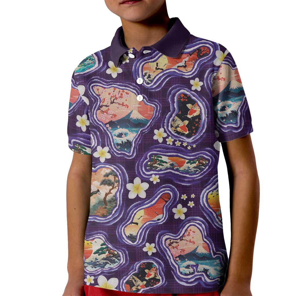 Hawaii Islands Map Design with Japanese Landscape Kid Polo Shirt Hawaiian Japan Fusion Art Purple Color LT03 Kid Purple - Polynesian Pride
