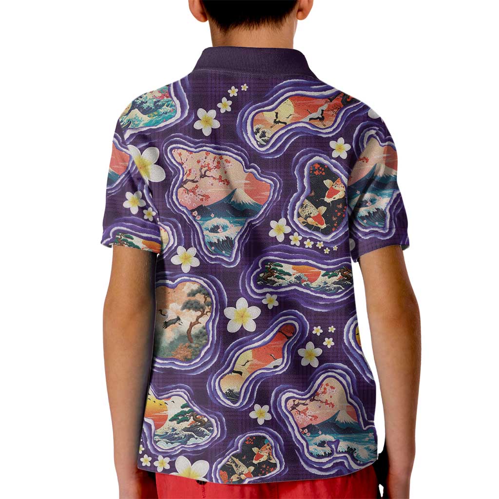 Hawaii Islands Map Design with Japanese Landscape Kid Polo Shirt Hawaiian Japan Fusion Art Purple Color LT03 - Polynesian Pride