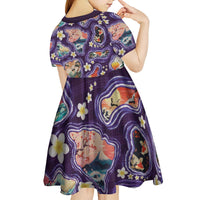 Hawaii Islands Map Design with Japanese Landscape Kid Short Sleeve Dress Hawaiian Japan Fusion Art Purple Color LT03 - Polynesian Pride