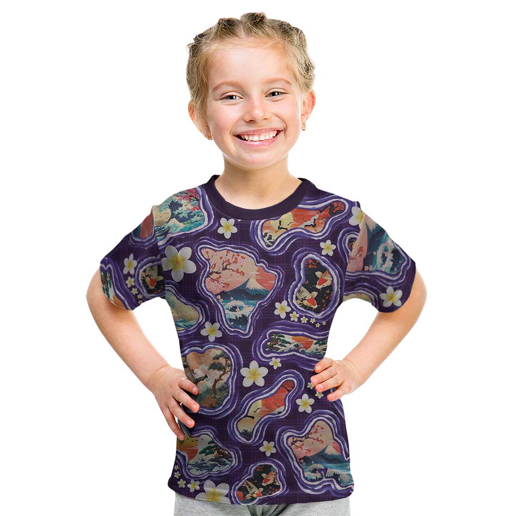 Hawaii Islands Map Design with Japanese Landscape Kid T Shirt Hawaiian Japan Fusion Art Purple Color LT03 Purple - Polynesian Pride