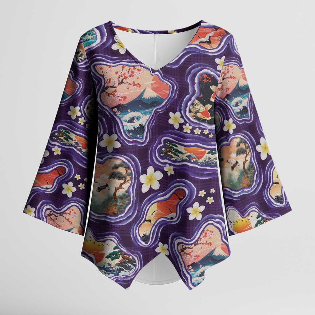 Hawaii Islands Map Design with Japanese Landscape Kimono Sleeve Blouse Hawaiian Japan Fusion Art Purple Color