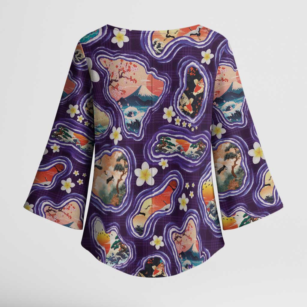 Hawaii Islands Map Design with Japanese Landscape Kimono Sleeve Blouse Hawaiian Japan Fusion Art Purple Color LT03 - Polynesian Pride
