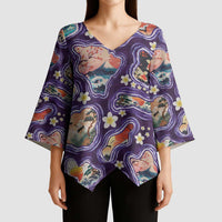 Hawaii Islands Map Design with Japanese Landscape Kimono Sleeve Blouse Hawaiian Japan Fusion Art Purple Color LT03 - Polynesian Pride